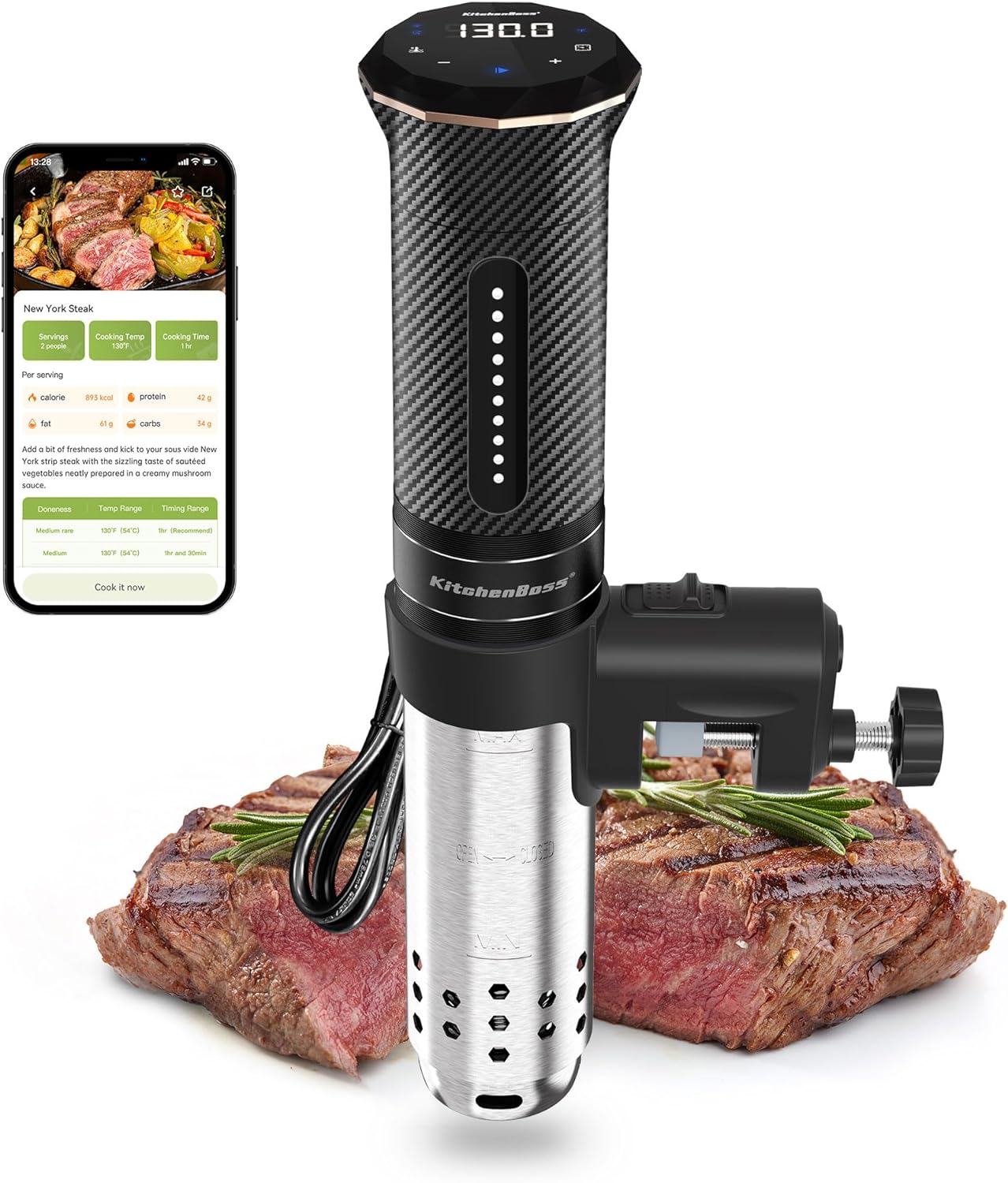 KitchenBoss WiFi Sous-Vide Cooker 1100W G300PT：Professional Cuiseur Sous Vide Precision Cooker, Immersion Circulator IPX7 Waterproof, Ultra Quiet, Slow Cooking Machine