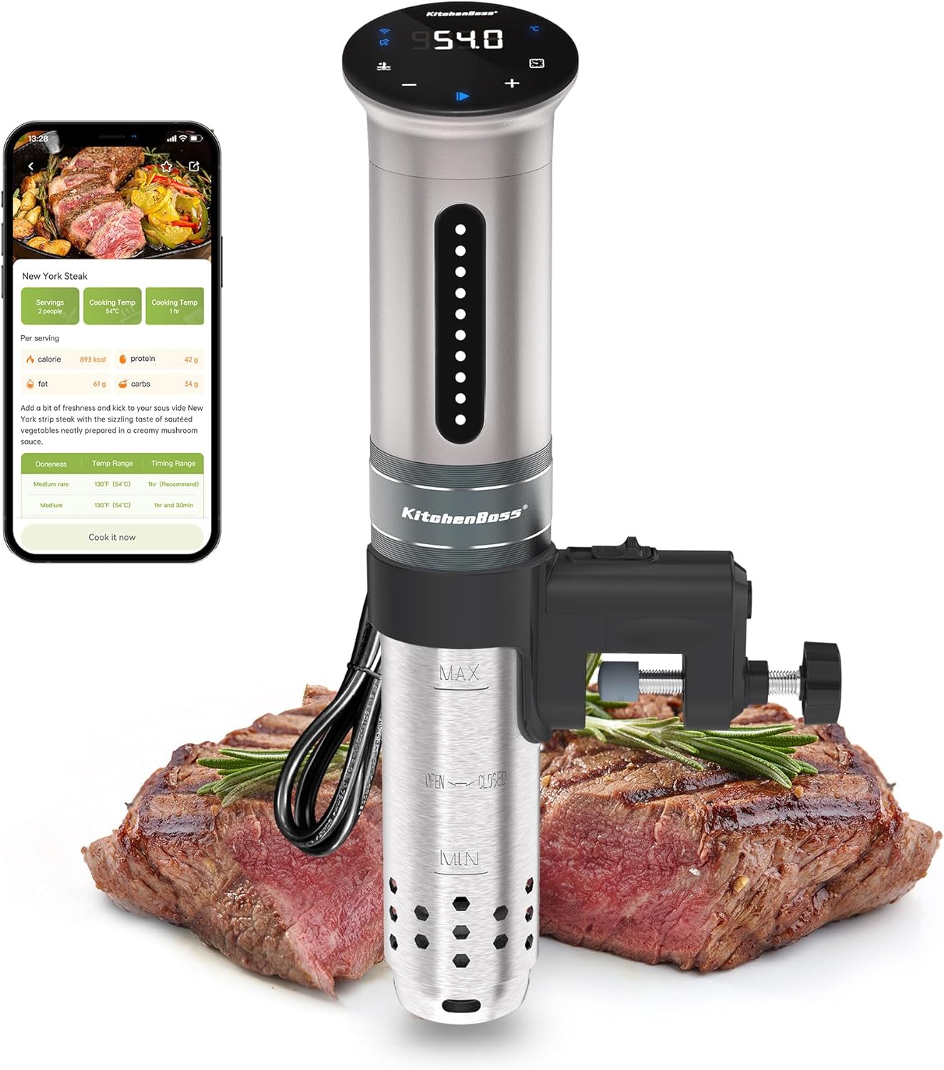 KitchenBoss WIFI Sous Vide Machine G310PS: Sous Vide Cooker 1100W Cooking Machine Ultra Quiet LED Precision Immersion Stainless Steel IPX7 Waterproof Silver