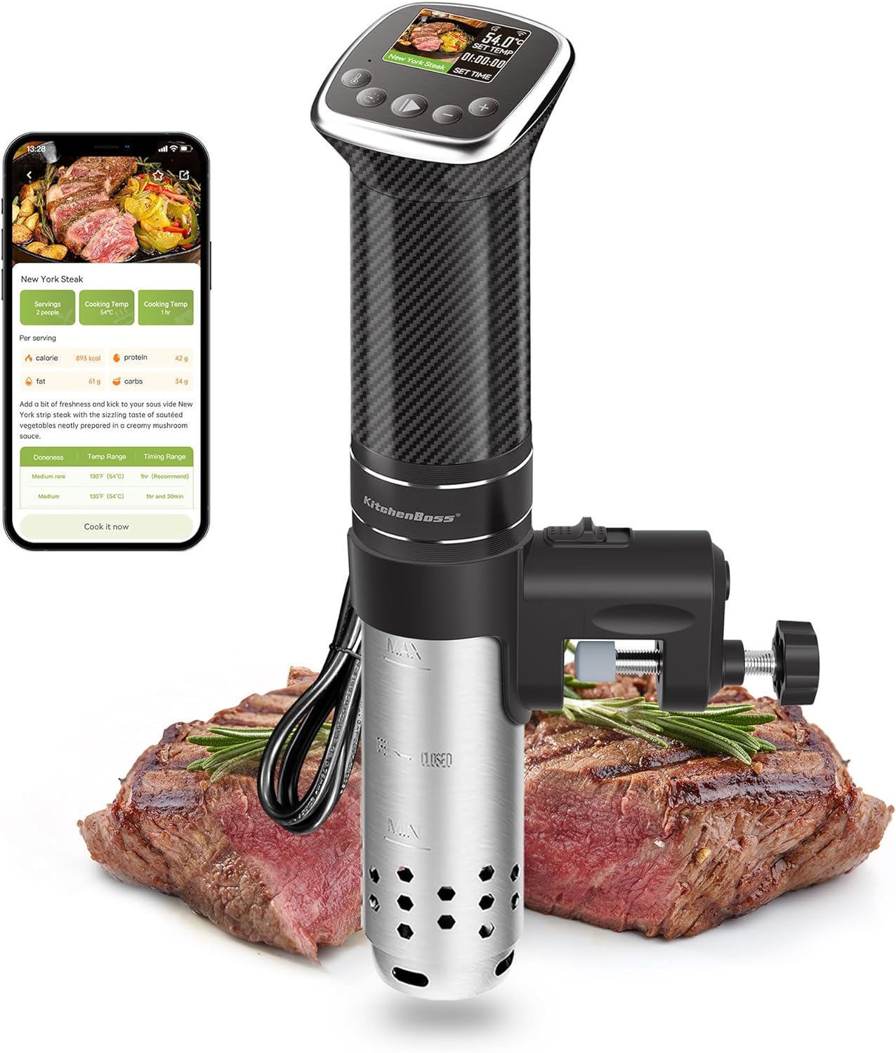 KitchenBoss WIFI Sous Vide Machine G322PT: Sous Vide Cooker Ultra Quiet Cooking Machine 1100W Stainless Steel IPX7 Waterproof Immersion Circulator LCD Preset Recipes Black