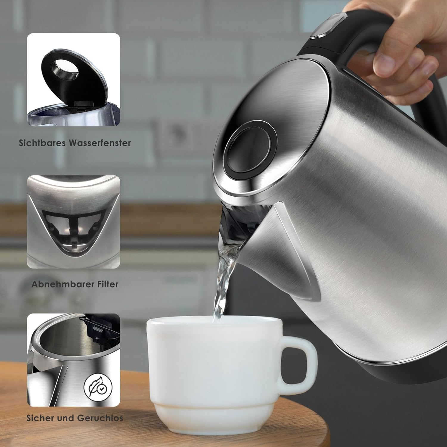 KitchenBoss Kettle 1.7 L Stainless Steel Electric Kettle with Limescale Filter, Kettle with Visible Window and Water Level Indicator, Automatic Shut-Off and Boil Dry Protection, 2100 W