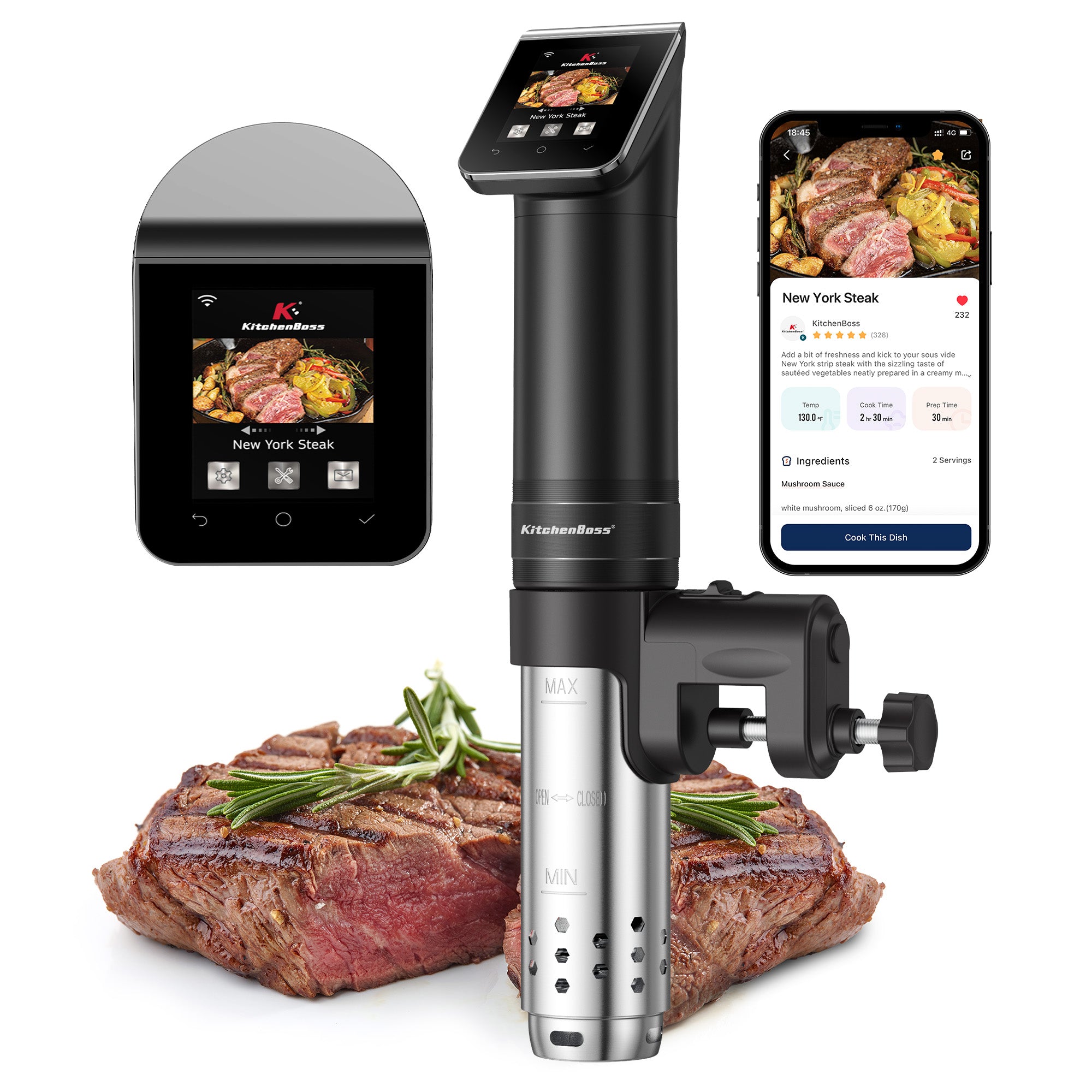 KitchenBoss WIFI Sous Vide Cooker: Ultra-Quiet Precision Sous-vide Cooking Machine 1100 Watts Stainless Steel Immersion Circulator for Kitchen with TFT Preset Recipes, Black
