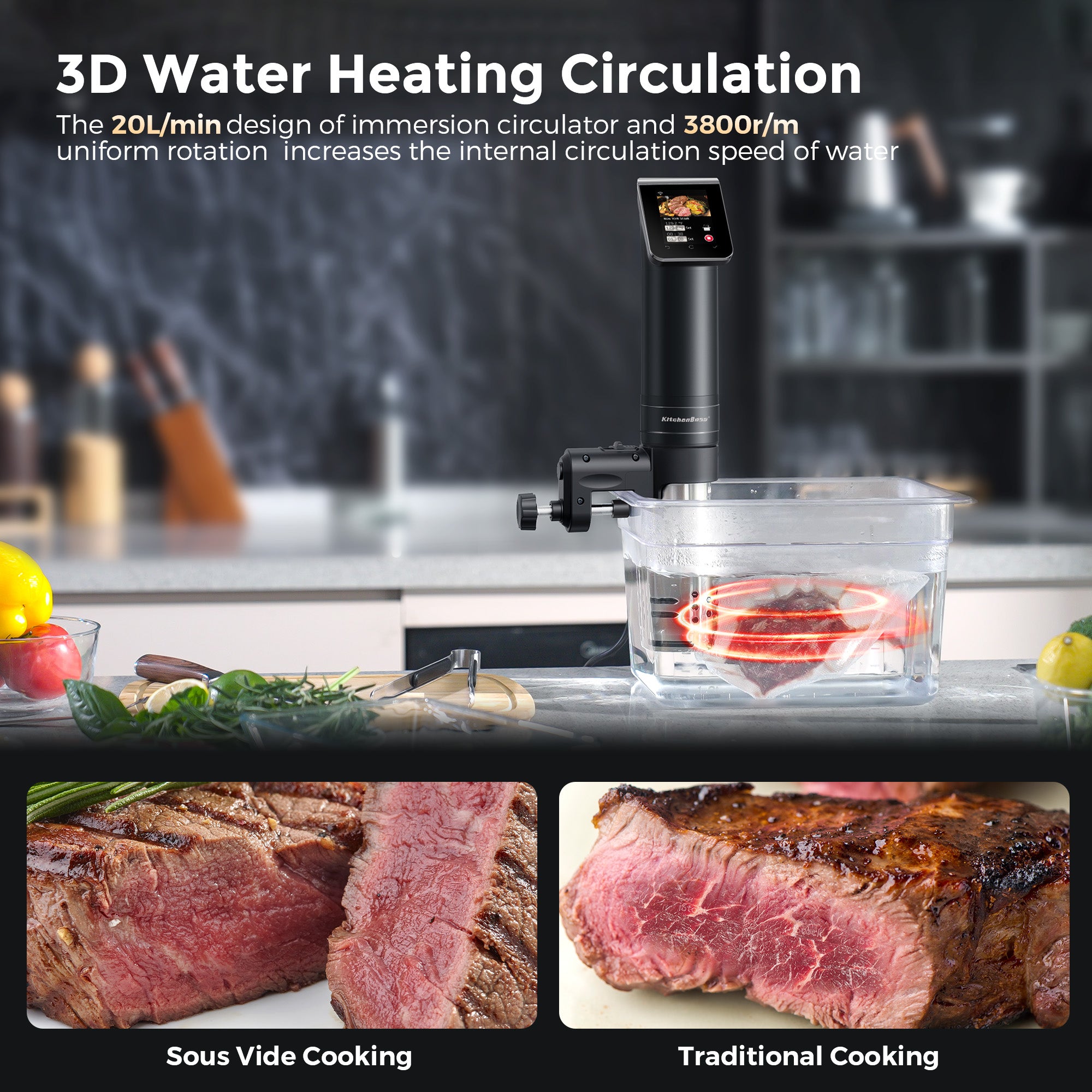 KitchenBoss Sous Vide Roner Kitchen met lage temperatuur slow cooker professionele thermocirculator IPX7 waterdicht, timer met touchscreen, zilver KitchenBoss Sous Vide Roner Kitchen met lage temperatuur slow cooker professionele thermocirculator IPX7 waterdicht, timer met touchscreen, zilver