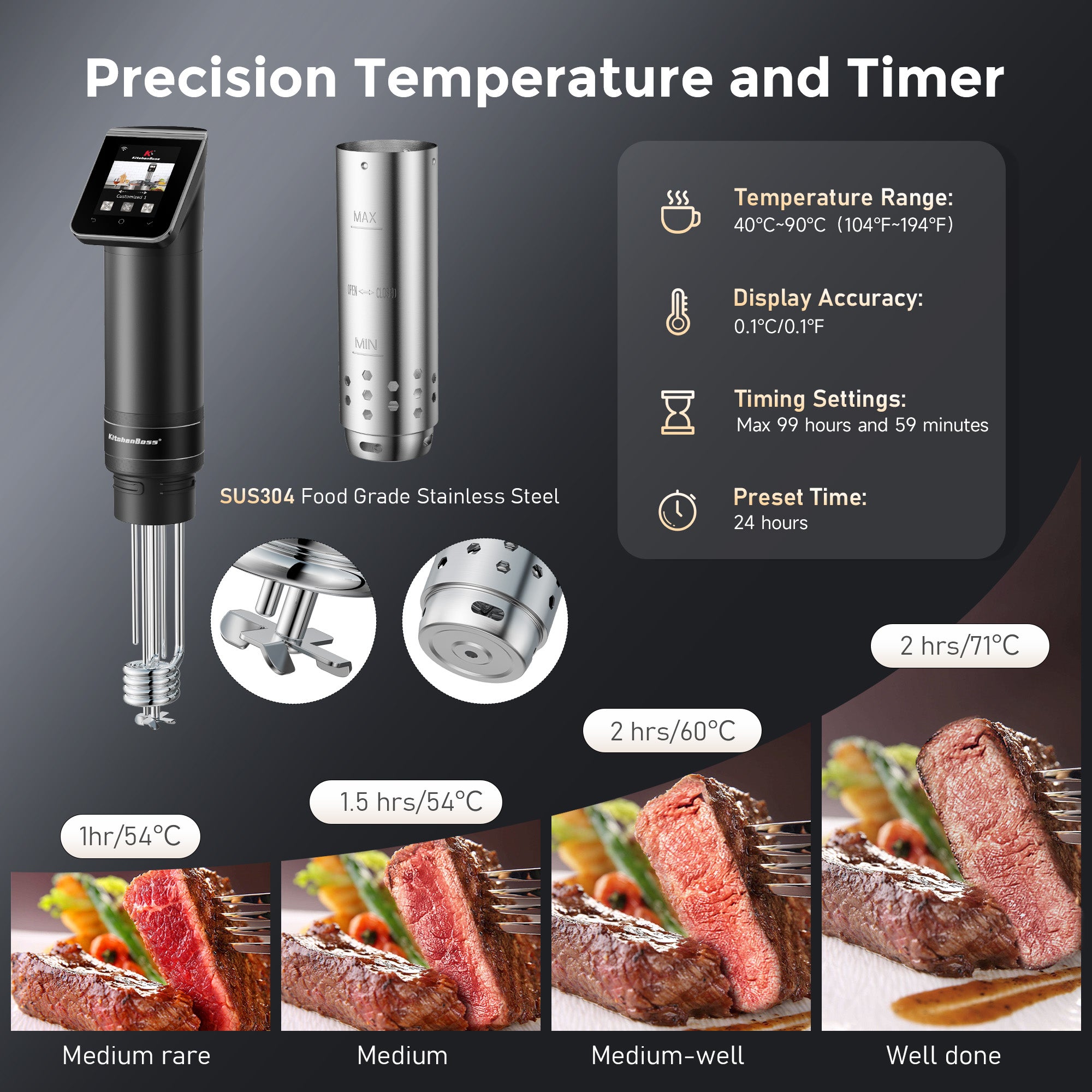 KitchenBoss WIFI Sous Vide Cooker G330: Ultra-Quiet Precision Sous-vide Cooking Machine 1100 Watts Stainless Steel Immersion Circulator for Kitchen with TFT Preset Recipes, Black